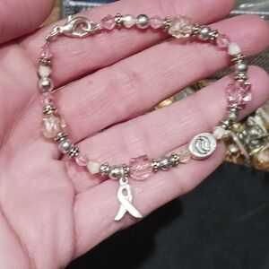 Women's 7in. Silvertone Breast Cancer Awareness Beaded Charm Bracelet.